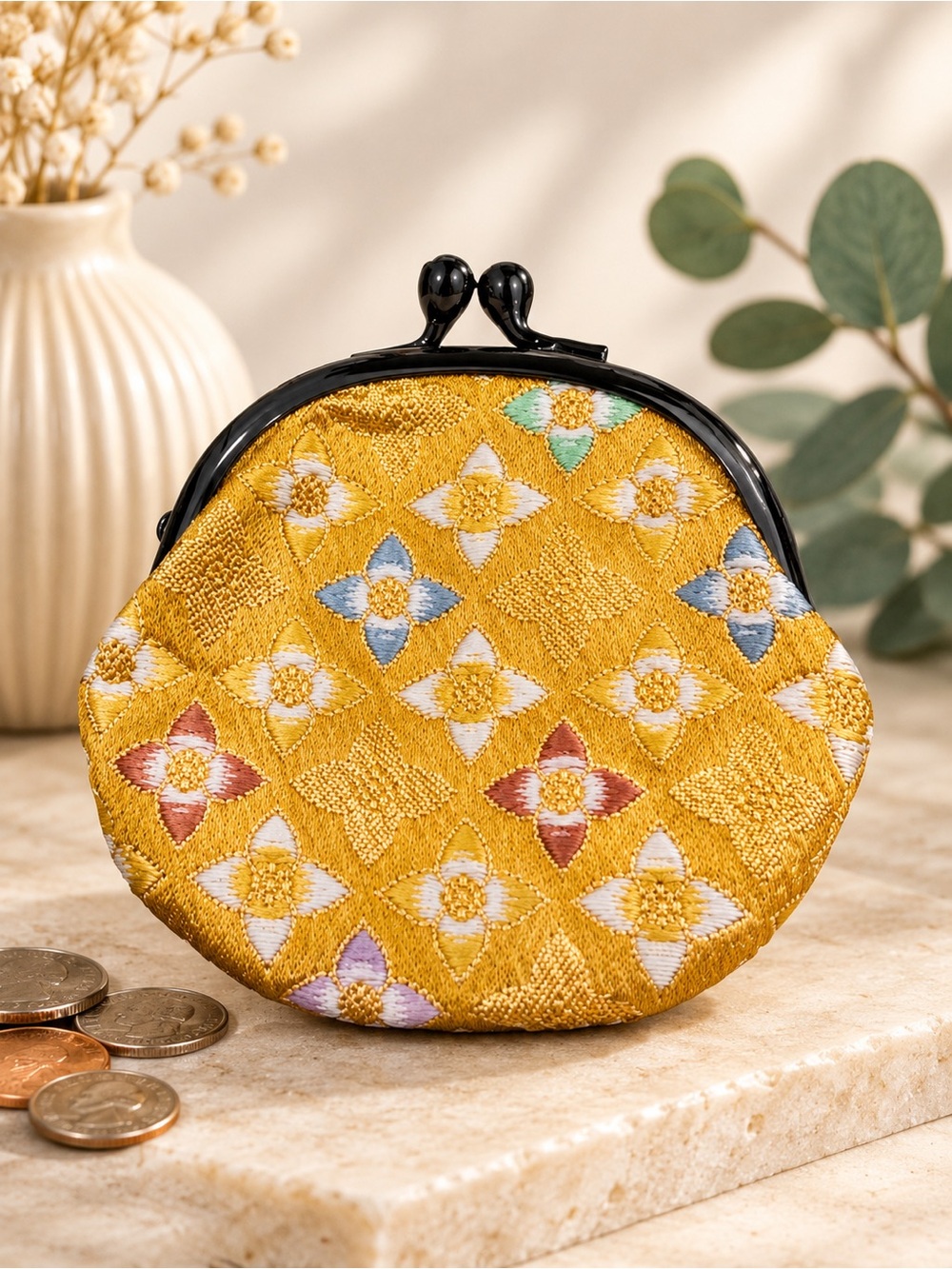 Gold Floral Brocade Kiss Lock Coin Purse Mini Wallet Vintage Style